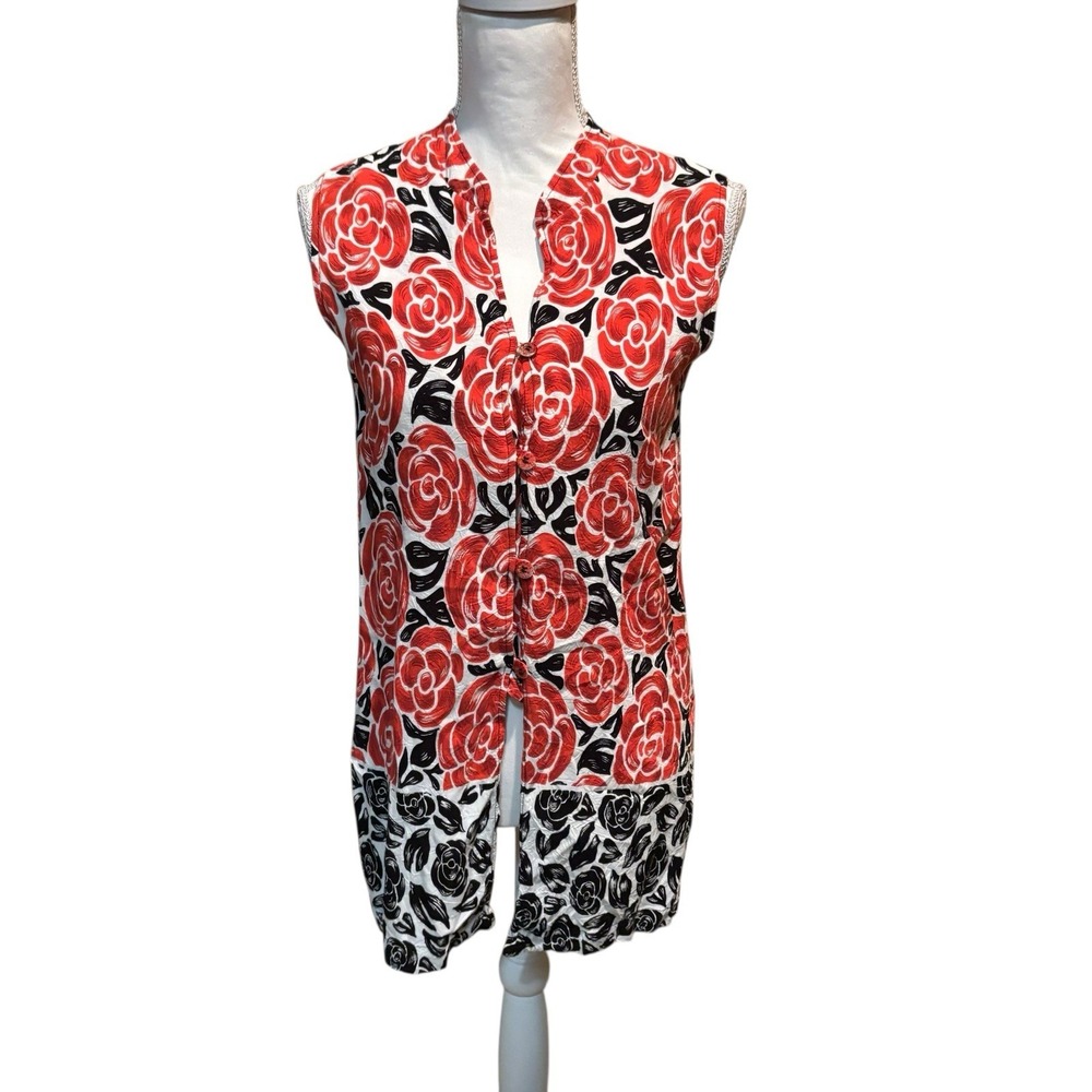 Jams World Latona Rose Sleeveless Button Front Top Tunic‎ Medium Red Black T